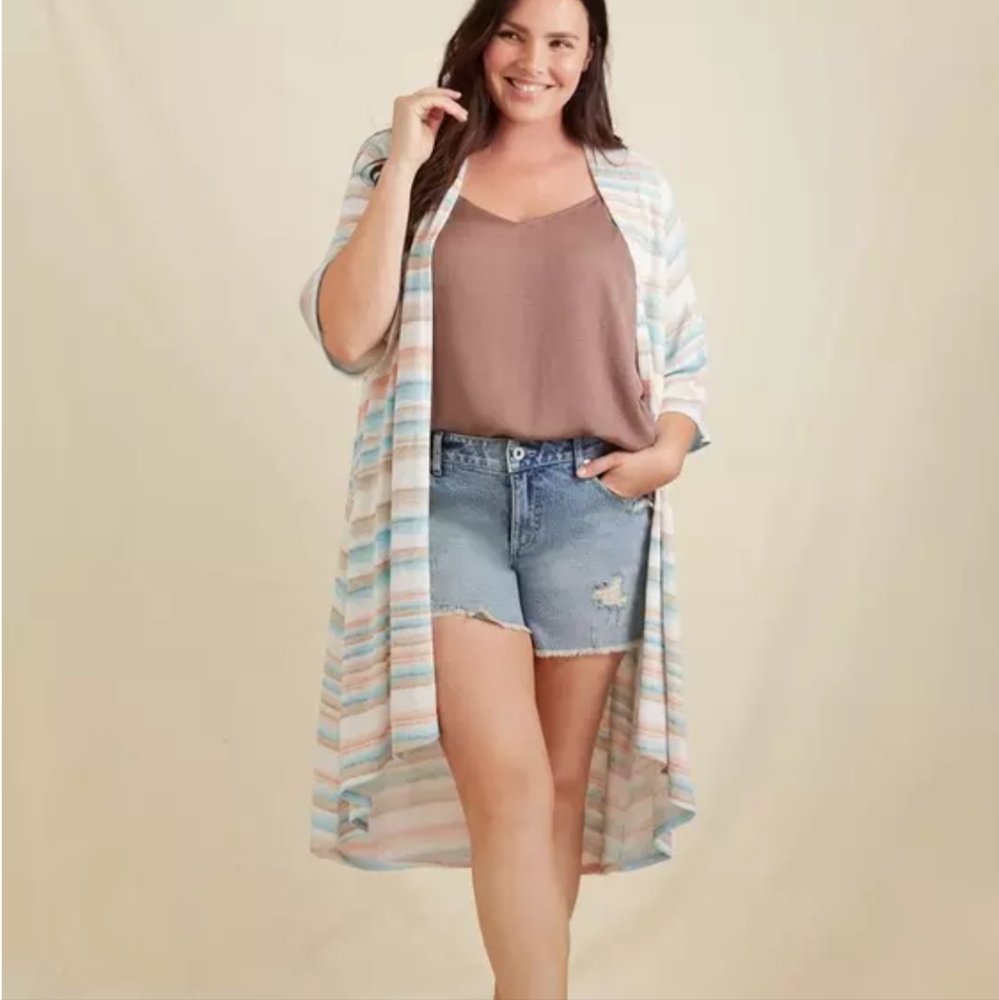 Torrid Hacci Knit Open Duster Cardigan Womens Size 2X Striped‎ Hi-Low 3/4 Sleeve